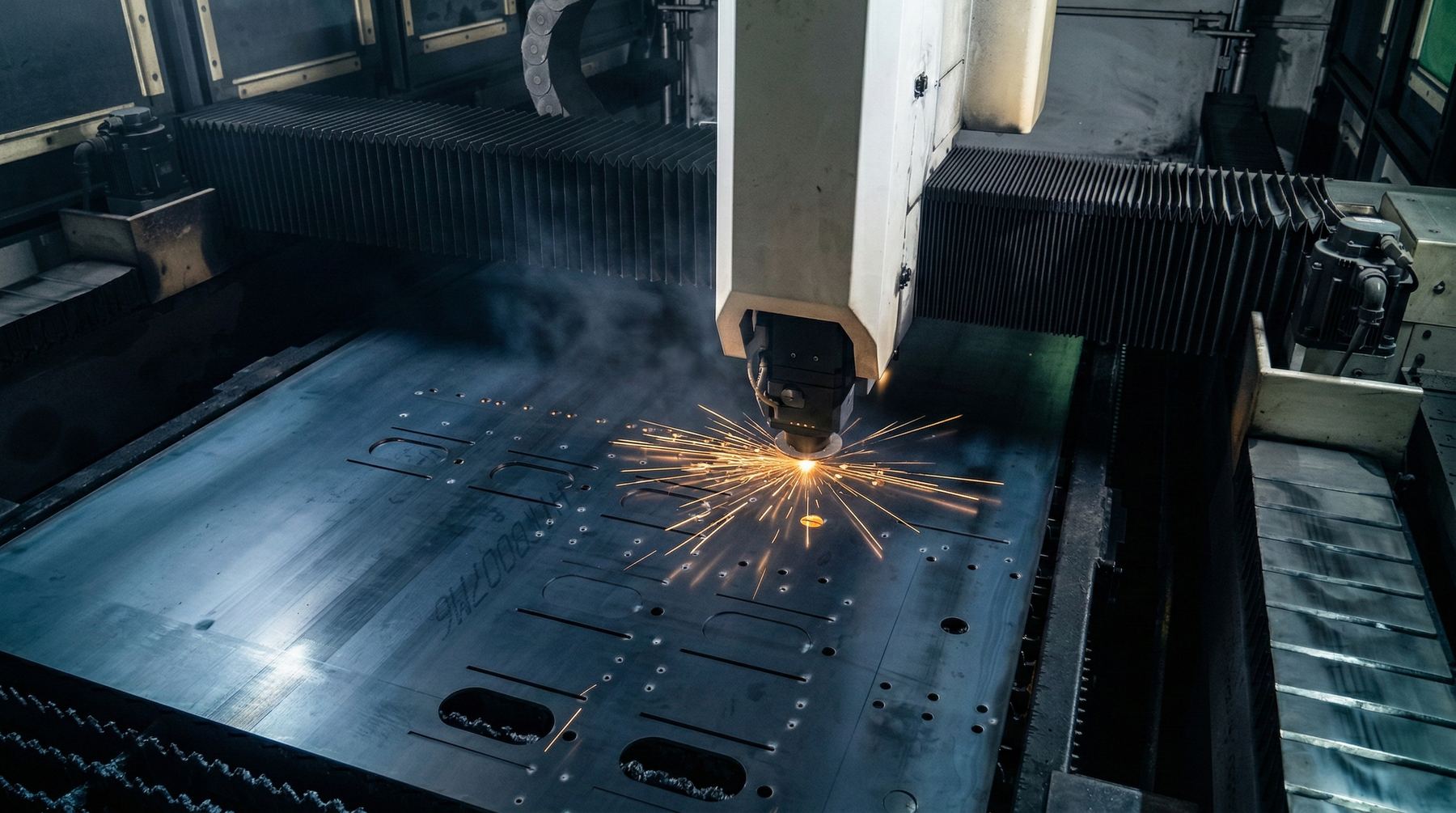 Fiber laser cutting machine cutting holes and slots in a steel sheet