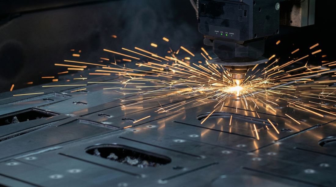 Laser cutting custom steel parts, close-up of the cut
