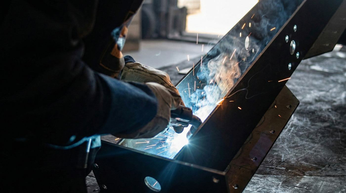 Welder MIG-welding a laser-cut steel channel assembly, sparks flying